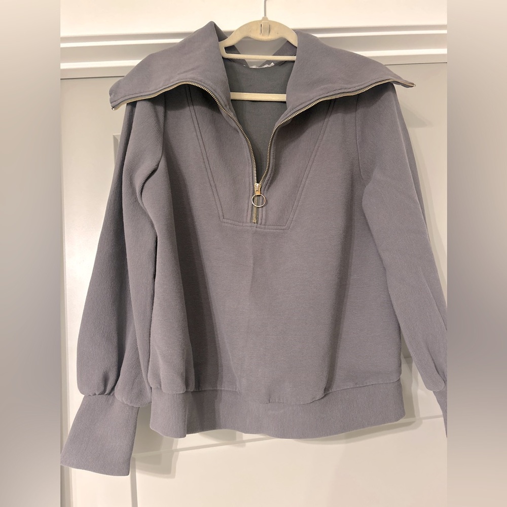 Gray Quarter-Zip Ribbed Women's Sweater